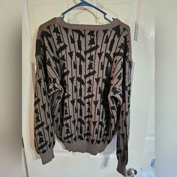 Alvin Josef L Brown Black 80s Geometric Sweater Leather Patches Rare Vintage